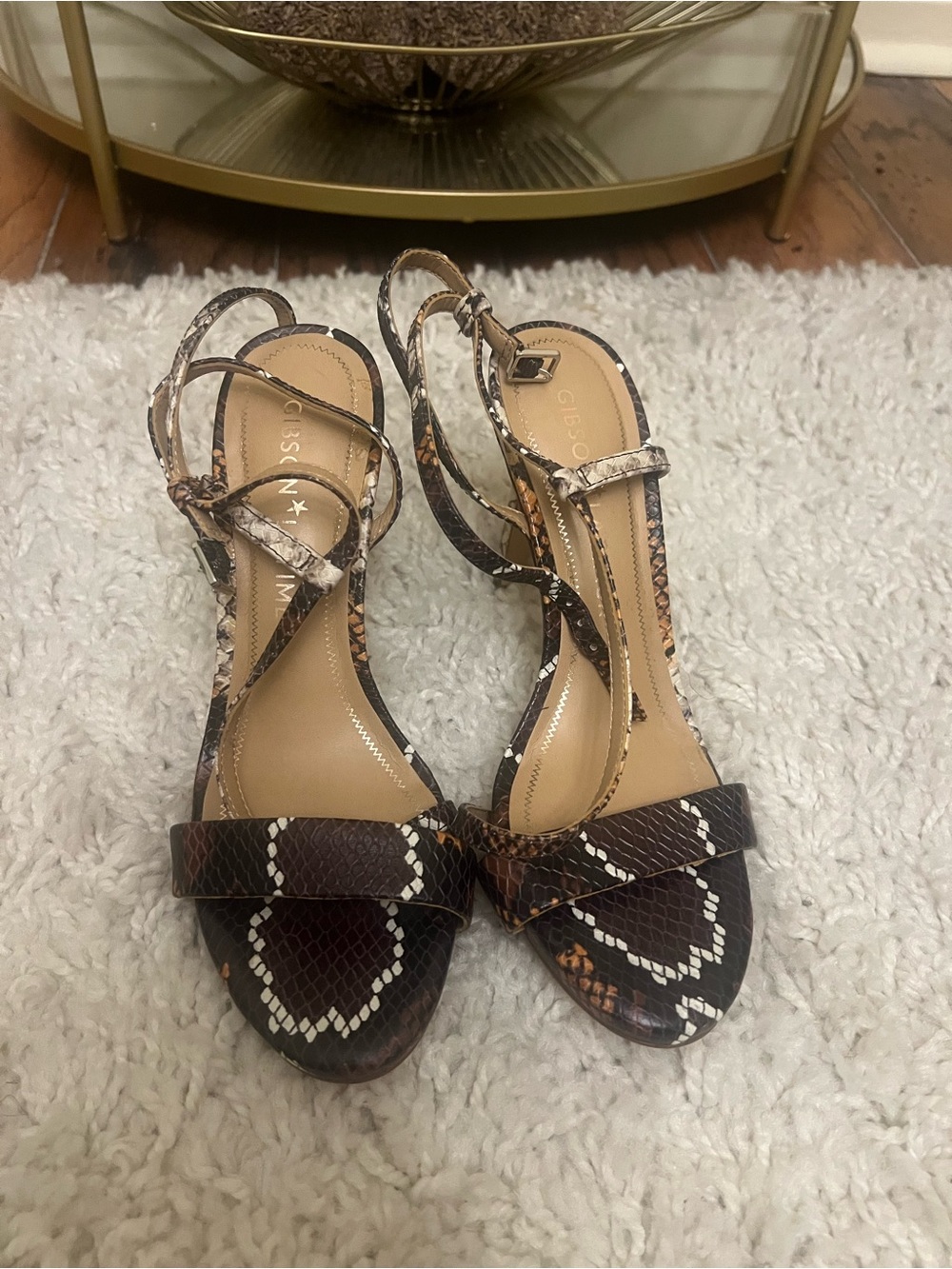 Gibson Brown and Cream Snake-Print Strappy Heels
